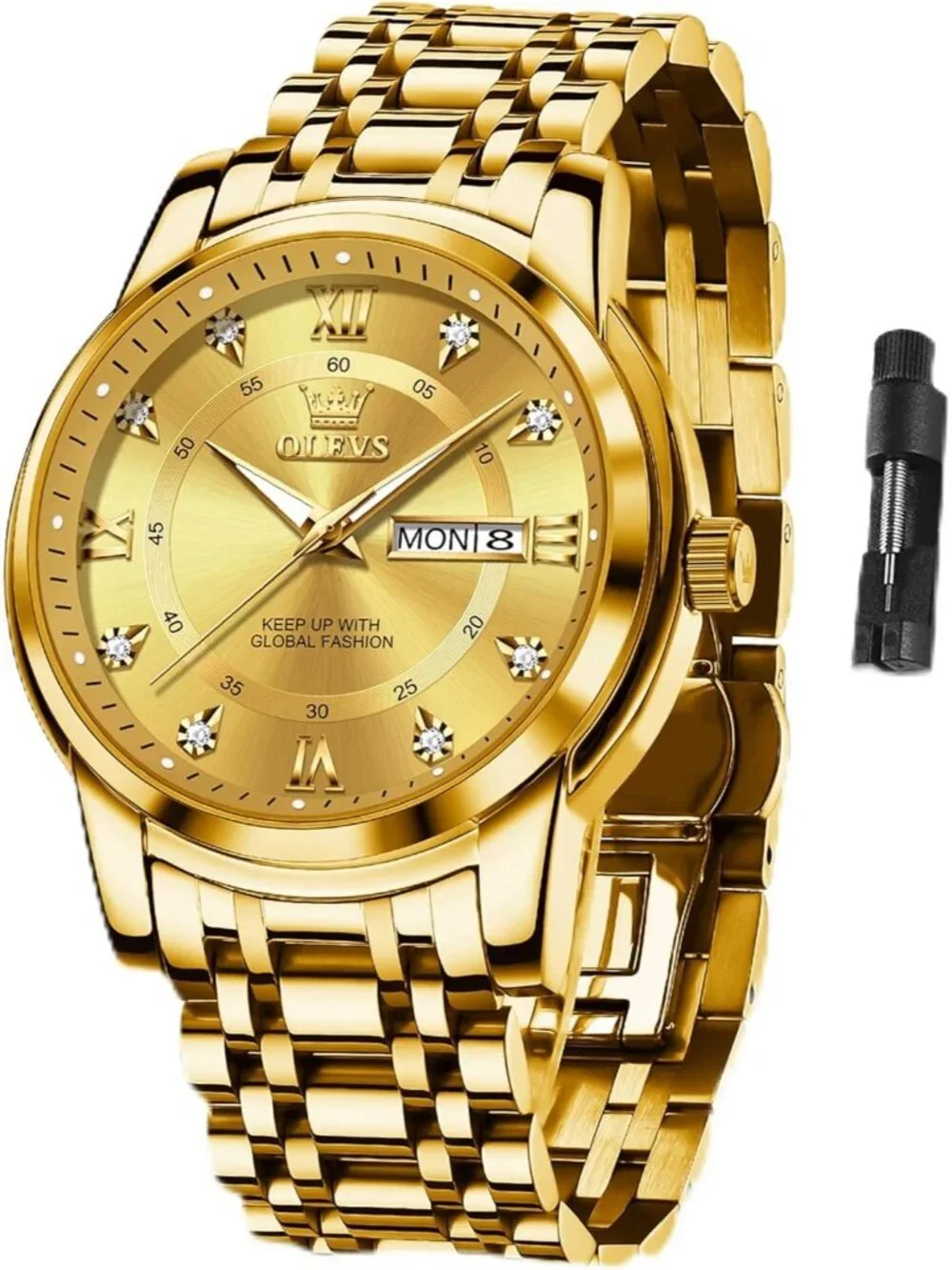 Men's All Gold Diamond Stainless Steel Waterproof Roman Numbers Classic Watch